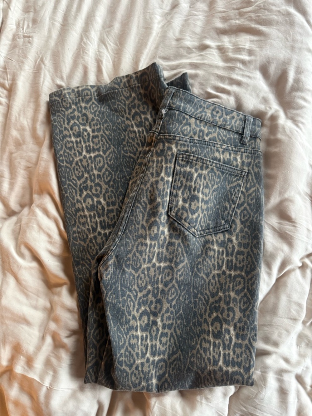 Wide Leg Leopard Print Jeans - Gray Beige Animal Print